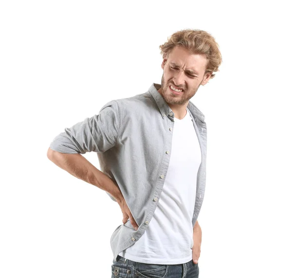Hombre Que Sufre Dolor Espalda Sobre Fondo Blanco — Foto de Stock