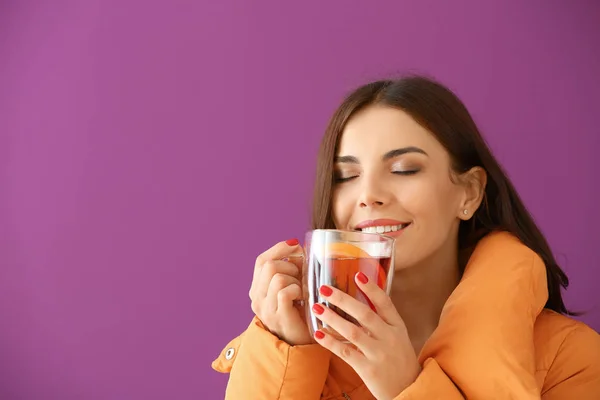 Woman Glass Cup Delicious Mulled Wine Color Background — Stock Photo, Image