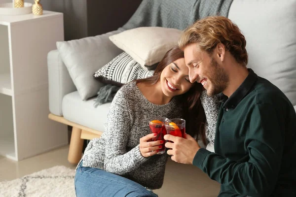 Couple Drinking Delicious Mulled Wine Home — Stock Photo, Image