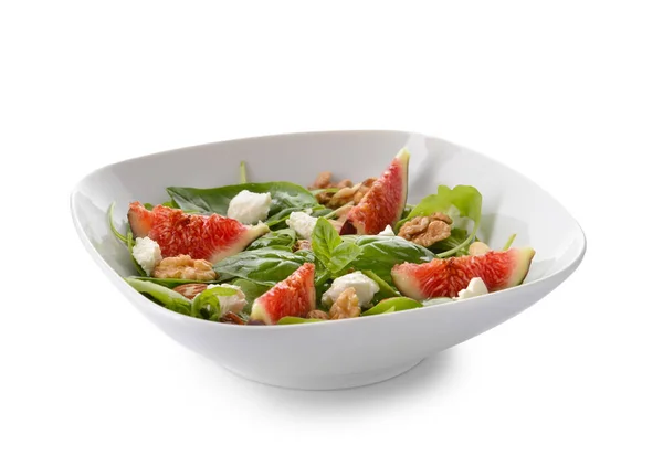 Prato Com Deliciosa Salada Figo Fundo Branco — Fotografia de Stock