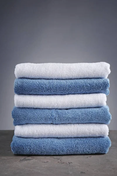 Stack Clean Soft Towels Table Grey Background — Stock Photo, Image