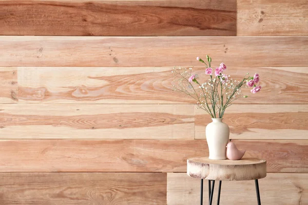 Vase Beautiful Pink Flowers Stool Wooden Wall — Stock Photo, Image