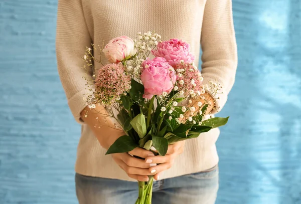 Woman Holding Beautiful Pink Flowers Color Background — Stock Photo, Image