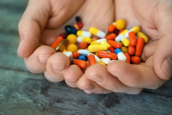 Female Hands Pills Wooden Background Closeup — Stock Photo, Image