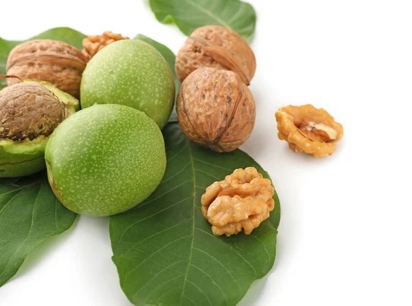 Unpeeled Walnuts Green Leaves White Background — Stock Photo, Image