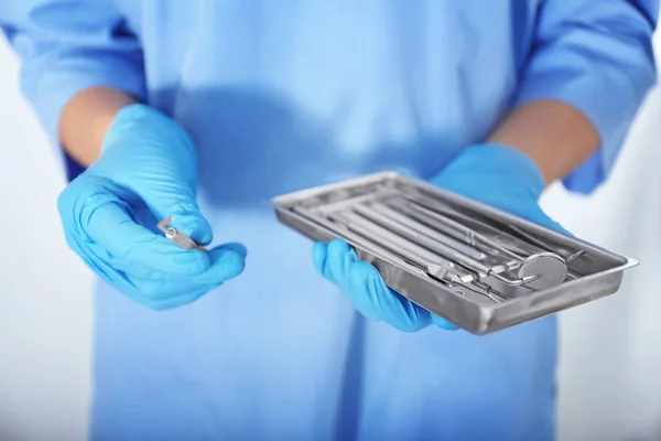 Dentist Holding Tray Stainless Tools Closeup — Stock Photo, Image