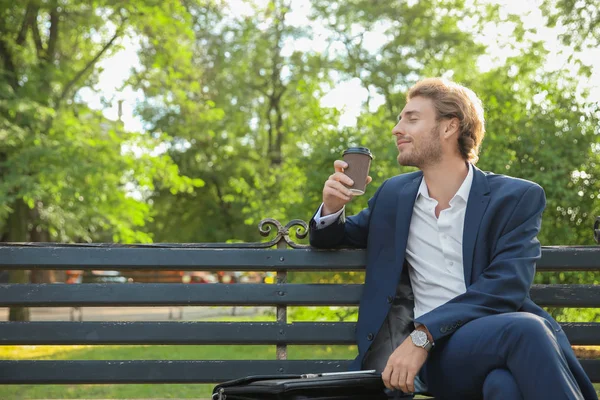 Handsome Young Businessman Coffee Resting Bench Park — Stock Photo, Image