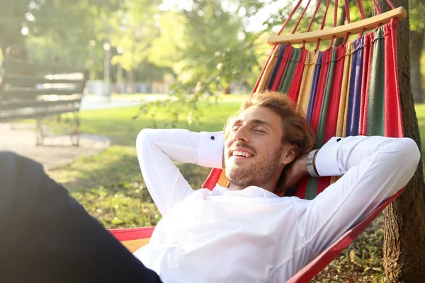 Handsome Young Businessman Resting Hammock Outdoors — Stock Photo, Image