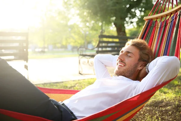 Handsome Young Businessman Resting Hammock Outdoors — Stock Photo, Image