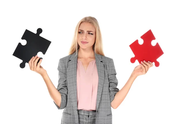 Troubled Young Businesswoman Pieces Puzzle White Background — Stock Photo, Image