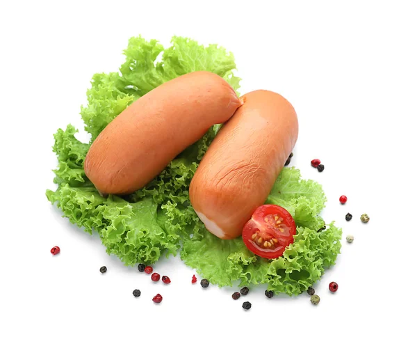 Delicious Sausages Spices White Background — Stock Photo, Image
