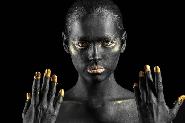 Beautiful Woman Black Golden Paint Her Body Dark Background — Stock Photo, Image