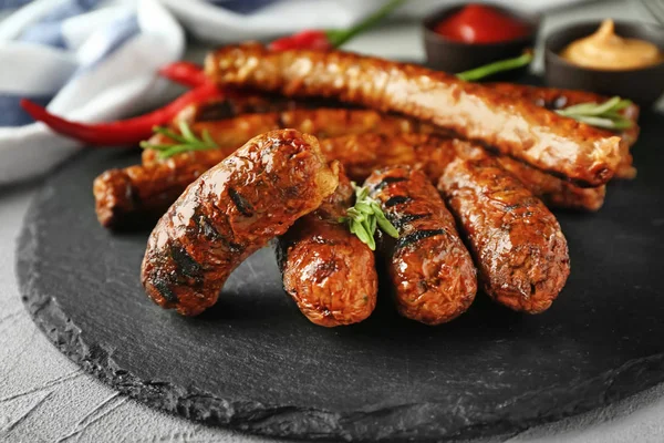 Tasty Grilled Sausages Slate Plate — Stock Photo, Image