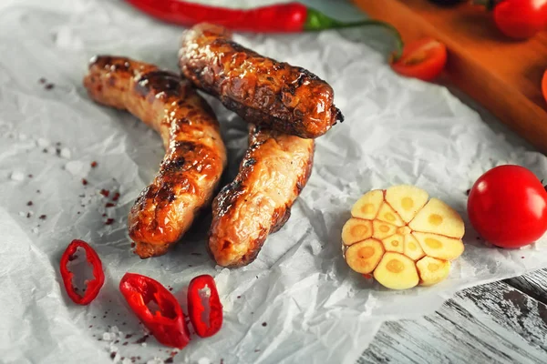 Tasty Grilled Sausages Spices Table — Stock Photo, Image