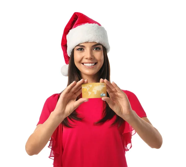 Jeune Femme Chapeau Santa Avec Carte Crédit Sur Fond Blanc — Photo