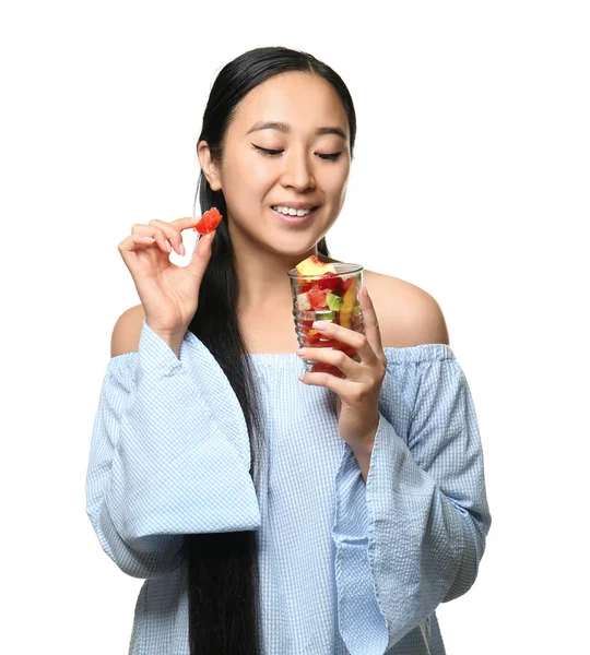 Asian Woman Healthy Fruit Salad White Background — Stock Photo, Image