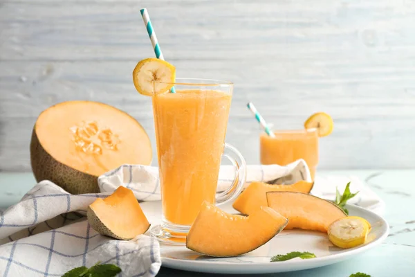 Glas Lekker Meloen Smoothie Tafel — Stockfoto