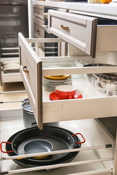 Set Clean Kitchenware Drawers — Stock Photo, Image