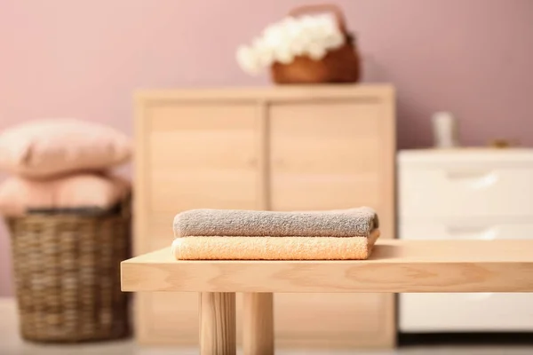 Stack Clean Soft Towels Light Wooden Table Indoors — Stock Photo, Image