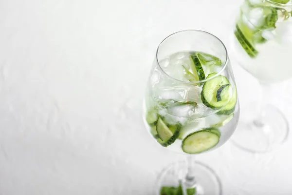 Glass Tasty Cold Cucumber Water White Table — Stock Photo, Image