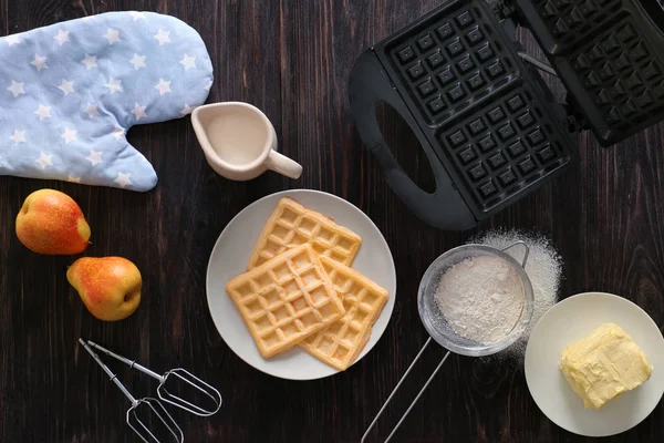 Belgian Waffles Device Products Wooden Table — Stock Photo, Image