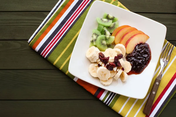 Plate Delicious Fruit Salad Wooden Table — Stock Photo, Image