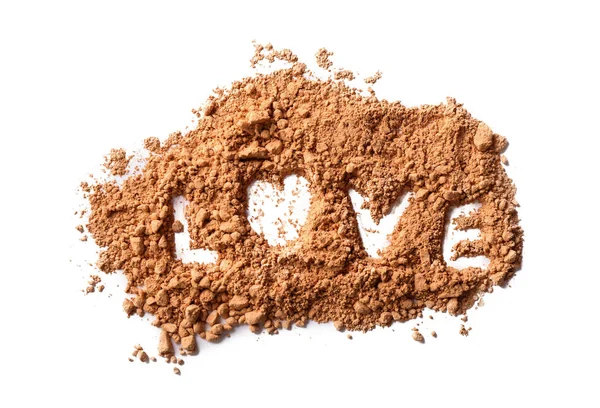 Cacao Powder Word Love White Background — Stock Photo, Image