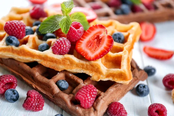 Delicious Waffles Berries White Wooden Table — Stock Photo, Image