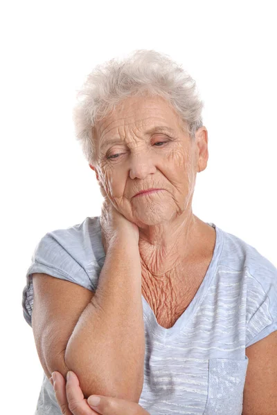 Депрессивная Пожилая Женщина Белом Фоне — стоковое фото