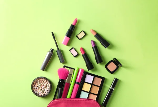 Set Decorative Cosmetics Color Background Flat Lay — Stock Photo, Image