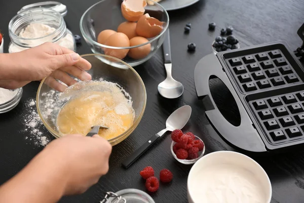 Woman Making Dough Waffles Kitchen — Stock Photo, Image