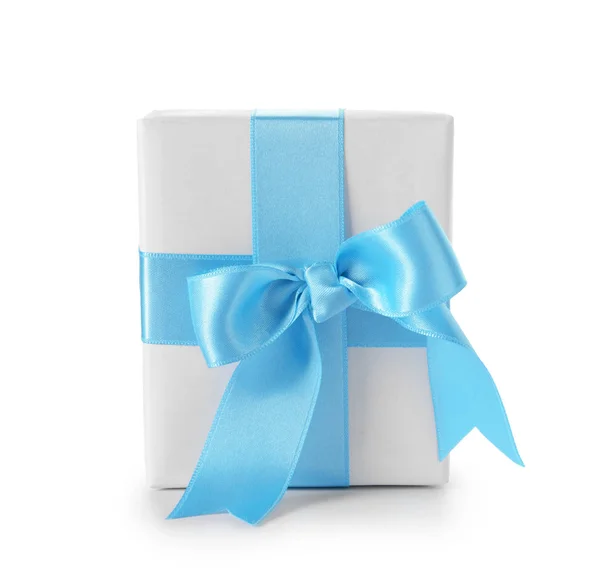 Gift Box Blue Ribbon White Background — Stock Photo, Image