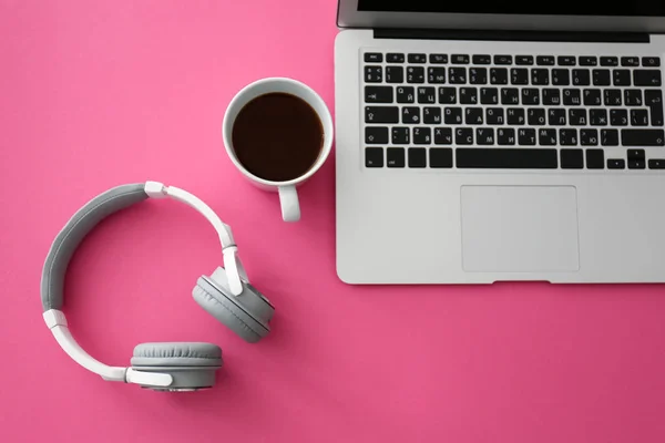 Headphones Laptop Cup Coffee Color Table — Stock Photo, Image