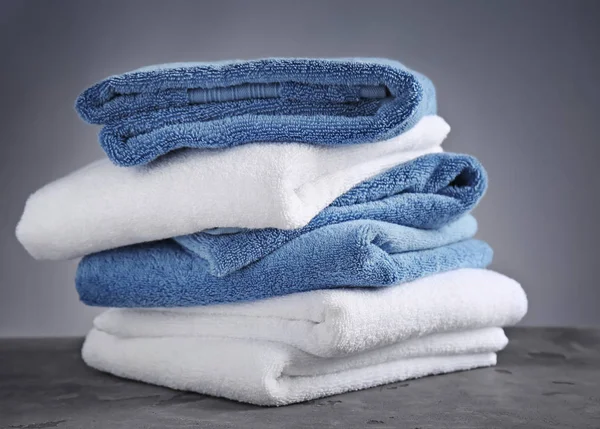 Stack Clean Soft Towels Table Grey Background — Stock Photo, Image