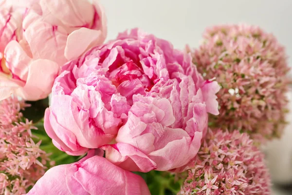 クローズ アップの光背景に美しいピンク牡丹の花 — ストック写真