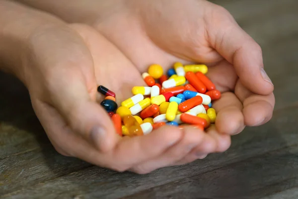 Female Hands Pills Wooden Background Closeup — Stock Photo, Image