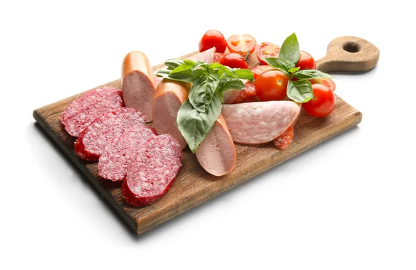 Wooden Board Different Kinds Sausages White Background — Stock Photo, Image