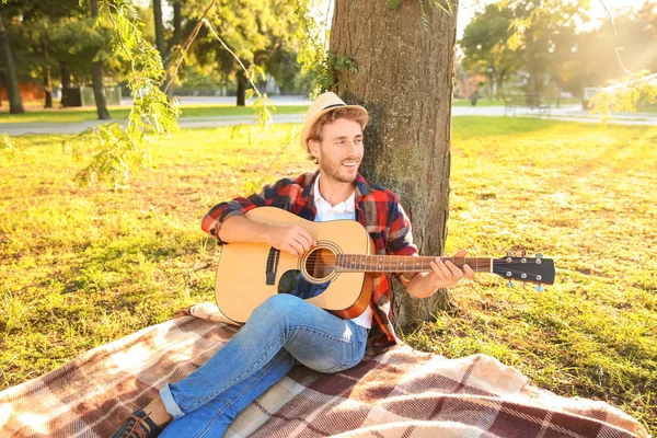 Handsome Young Man Guitar Resting Park — Stock Photo, Image