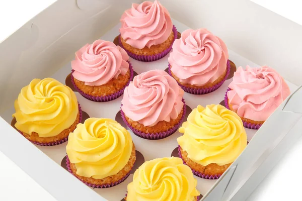Deliciosos Cupcakes Caixa Papelão — Fotografia de Stock
