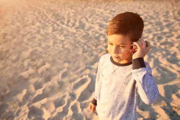 Mignon Petit Garçon Avec Coquille Mer Sur Plage — Photo