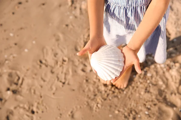 Cute Little Girl Sea Shell Beach Closeup — Stock Photo, Image