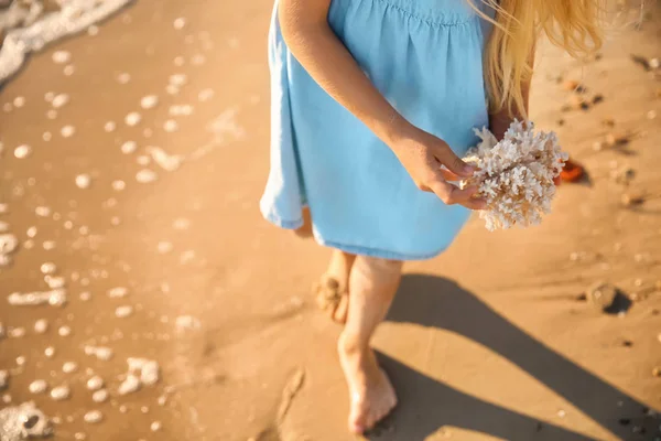Gadis Kecil Lucu Dengan Terumbu Karang Pantai Laut — Stok Foto