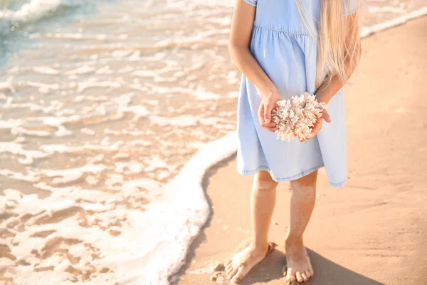 Petite Fille Mignonne Avec Corail Sur Plage Mer — Photo