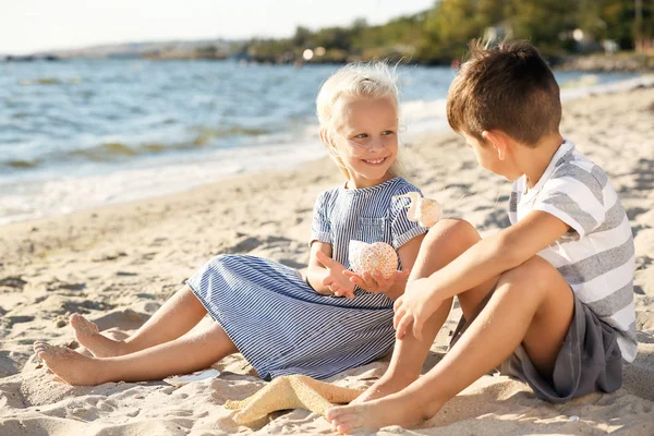 Kleine Kinder Spielen Mit Muscheln Strand — Stockfoto