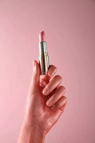Vrouw Met Roze Lippenstift Kleur Achtergrond — Stockfoto