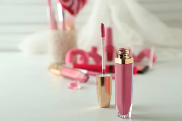 Liquid Pink Lipstick White Table — Stock Photo, Image