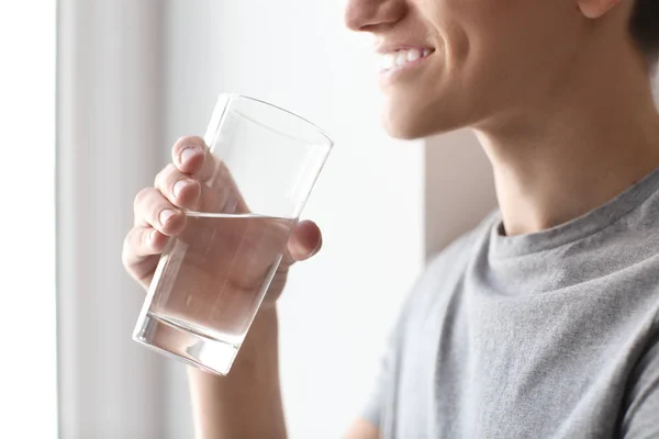 Young Man Drinking Water Home Closeup — Stock Photo, Image