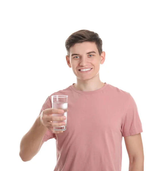 Portrait Young Man Glass Water White Background — Stock Photo, Image