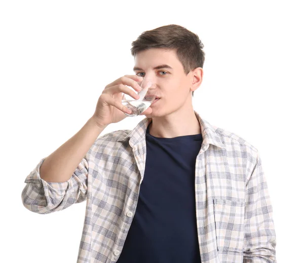 Anak Muda Minum Air Latar Belakang Putih — Stok Foto