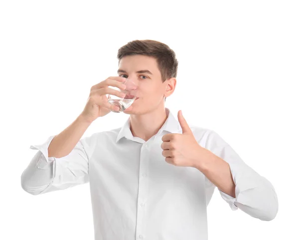 Young Man Drinking Water White Background — Stock Photo, Image